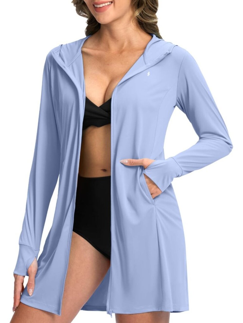 Women's Snow Blue Polyester SPF Lightweight Jacket Long Sleeve Beach Cover Ups